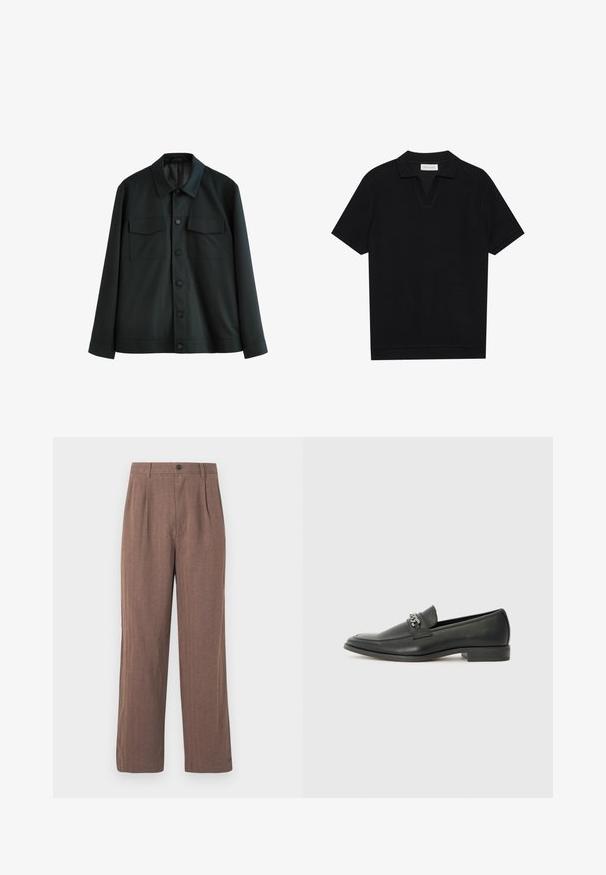 Fekete dzseki sima anyagból, amelynek gallérja, két mellzsebe és gombos elülső záródása van. Hosszú ujjak egyszínű mandzsettával.; Fekete, rövid ujjú pólóing texturált, bordázott anyagból, v-nyakkivágással és egyenes aljjal. Nincsenek látható logók vagy minták.; Barna, széles szárú nadrág textúrált anyagból, redőkkel és gombos derékrésszel. Szabott dizájn, letisztult vonalakkal.; Fekete bőr loaferek sima felülettel, varrott mintával és díszítő fém lánccal a cipő elején. Lapos sarok.