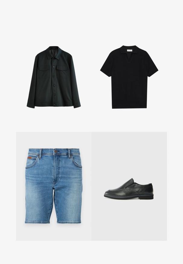 Melnas jakas, kas izgatavota no gludas auduma, ar apkakli, diviem krūšu kabatām un pogu aizdari priekšpusē. Garas piedurknes ar vienkāršām aprocēm.; Melns īsām piedurknēm polo krekls ar teksturētu, ribotu audumu, ar V veida kakla izgriezumu un taisnu apakšmalu. Bez redzamām emblēmām vai rakstiem.; Gaiši zili džinsa īsie šorti ar taisnu griezumu, pieci kabatas un pogu aizdare. Viegls izbalējums audumā piešķir tekstūru.; Melnas ādas slip-on kurpes ar gludu augšdaļu, izšūtām akcentiem, noapaļotu purngala daļu un zemu gumijas papēdi. Zole ar minimālu rakstu.