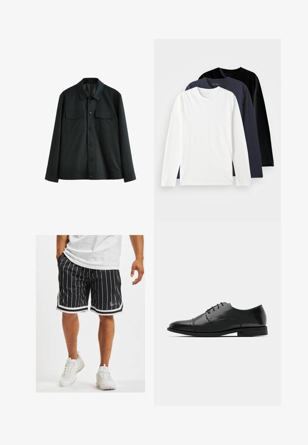 Melnas jakas, kas izgatavota no gludas auduma, ar apkakli, diviem krūšu kabatām un pogu aizdari priekšpusē. Garas piedurknes ar vienkāršām aprocēm.; Trīs ar garām piedurknēm T-krekli, salikti vienā vietā: viens balts, viens tumši zils un viens melns. Izgatavoti no gludas kokvilnas, ar apaļiem kakla izgriezumiem un sānu slēgumiem.; Melni sporta šorti ar baltām vertikālām svītrām, ar auklu jostā un kontrastējošu baltu apdari gar apakšmalu un sānu šuvēm.; Melnas ādas vadmalas kurpes ar noapaļotu purngalu, saistījuma dizains, smalkas izšuvumu detaļas un zema papēža. Gluda tekstūra ar spīdīgu apdari.