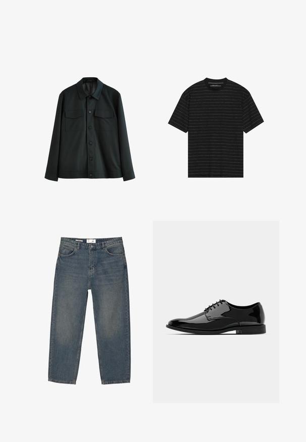 Schwarze Jacke aus glattem Stoff, mit einem Kragen, zwei Brusttaschen und einem Knopfverschluss vorne. Lange Ärmel mit schlichten Manschetten.; Schwarzes Kurzarm-T-Shirt mit schmalen weißen horizontalen Streifen. Hergestellt aus weichem Stoff mit einem Rundhalsausschnitt und entspannter Passform.; Blaue Denim-Jeans mit lockerer Passform, klassischem Fünf-Taschen-Design und minimaler Verblassung. Enthält einen Knopfverschluss und Gürtelschlaufen.; Schwarze Lackleder-Schuh mit abgerundetem Zeh, Schnürdesign und glatter, glänzender Oberfläche. Verfügt über eine flache Gummisohle.