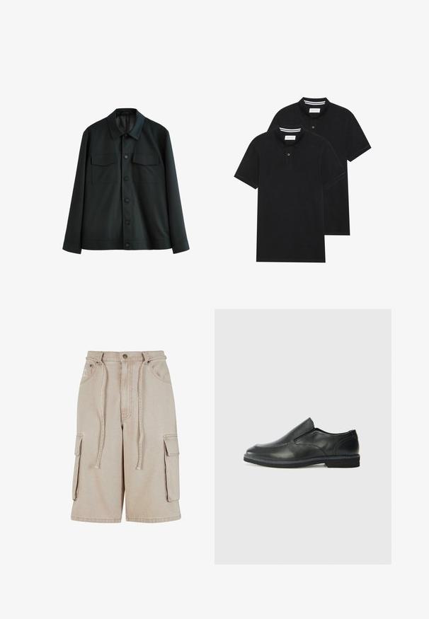 Svart jacka i slätt tyg, med krage, två bröstfickor och knäppning fram. Långa ärmar med enkla manschetter.; Två svarta polo t-shirts, kortärmade, i bomullsmaterial, med en klassisk krage, tvåknappsslutning och vita randiga accenter inuti kragen.; Beiga cargo-shorts i bomull med dragsnöre i midjan, två sidofickor och en enkel sidficka, med synliga sömmar.; Svart lädersko i slip-on-modell med en slät ovandel, sömnadsdetaljer, rund tå och låg gummihäl. Sulan har minimal mönstring.