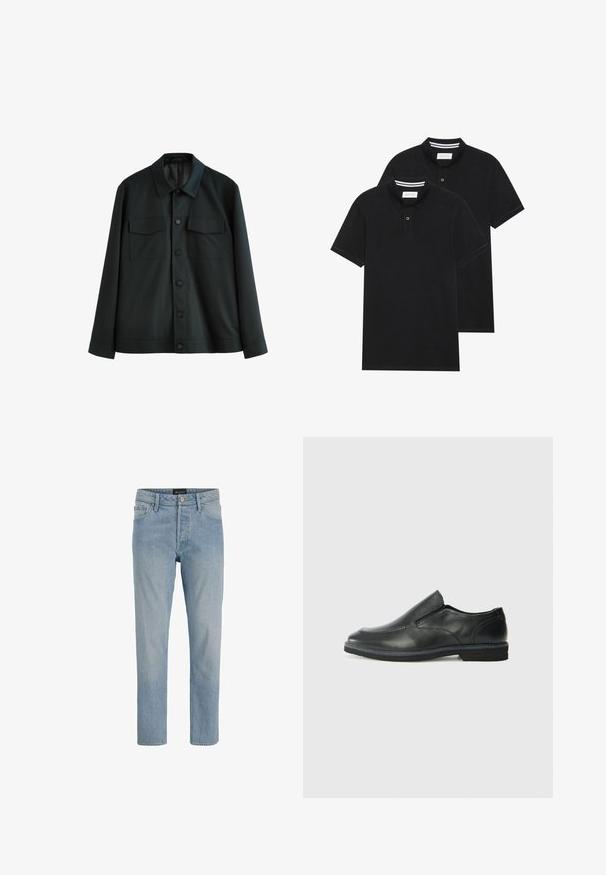 Chaqueta negra de tela suave, con cuello, dos bolsillos en el pecho y cierre frontal con botones. Mangas largas con puños lisos.; Dos camisetas polo negras, de manga corta, de material de algodón, que presentan un cuello clásico, una tapeta de dos botones y acentos de rayas blancas en el interior del cuello.; Vaqueros de mezclilla azul claro con corte recto, diseño de cinco bolsillos, cierre de botón y un acabado ligeramente desgastado.; Zapato negro de cuero sin cordones con un upper suave, detalles de costura, punta redonda y un bajo tacón de goma. La suela presenta una tracción mínima.