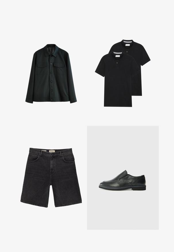 Černá bunda vyrobená z hladké tkaniny, s límcem, dvěma náprsními kapsami a zapínáním na knoflíky. Dlouhé rukávy s jednoduchými manžetami.; Dvě černé polokošile s krátkým rukávem z bavlny, s klasickým límcem, dvouknoflíkovou légou a bílými pruhovanými akcenty uvnitř límce.; Černé džíny šortky s klasickým střihem, nabízející pět kapsového stylu a zapínání na knoflík. Texturovaná látka, čistý vzhled a rovný lem.; Černá kožená nazouvací bota s hladkým svrškem, prošívanými detaily, zaoblenou špičkou a nízkým gumovým podpatkem. Podešev má minimální vzorek.