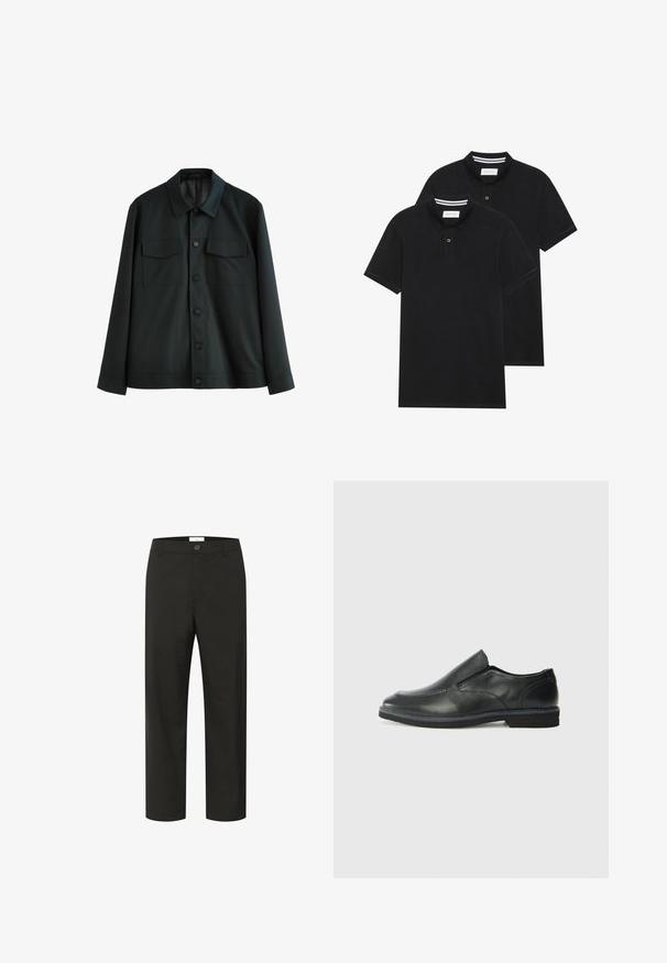 Črna jakna iz gladkega blaga, z ovratnikom, dvema žepa na prsih in gumbom za zapiranje spredaj. Dolgi rokavi s preprosto manšeto.; Dve črne polo majice, kratke rokave, iz bombažnega materiala, z klasik ovratnikom, dvobodno zaponko in belimi črtkami znotraj ovratnika.; Črne hlače z gladko teksturo, ravnim krojem, gumbom za zapiranje in zankami za pas. Imajo minimalističen videz in brez vidnih vzorcev.; Črne usnjene natikače z gladkim zgornjim delom, prišitimi detajli, zaobljenim nosom in nizkim gumijastim petkom. Podplat ima minimalen profil.