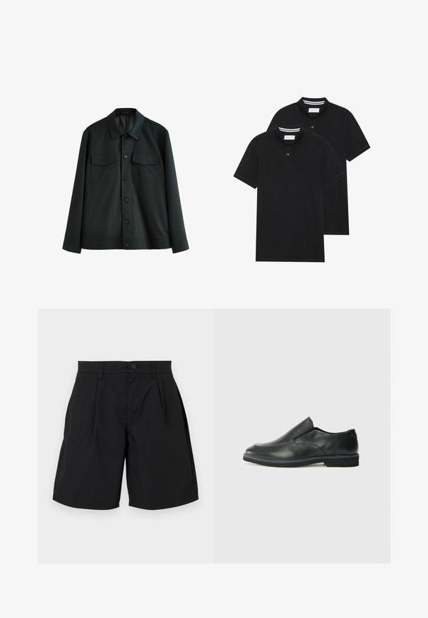 Schwarze Jacke aus glattem Stoff, mit einem Kragen, zwei Brusttaschen und einem Knopfverschluss vorne. Lange Ärmel mit schlichten Manschetten.; Zwei schwarze Polohemden, kurzärmlig, aus Baumwolle, mit einem klassischen Kragen, zwei Knöpfen und weißen Streifenakzenten im Inneren des Kragens.; Schwarze Shorts aus glattem Stoff, mit Knopfverschluss, zwei vorderen Falten und seitlichen Taschen, mit lockerer Passform und geradem Saum.; Schwarze Leder-Slipper mit glattem Obermaterial, gesteppten Akzenten, runder Zehenpartie und niedrigem Gummiabsatz. Die Sohle hat ein minimales Profil.