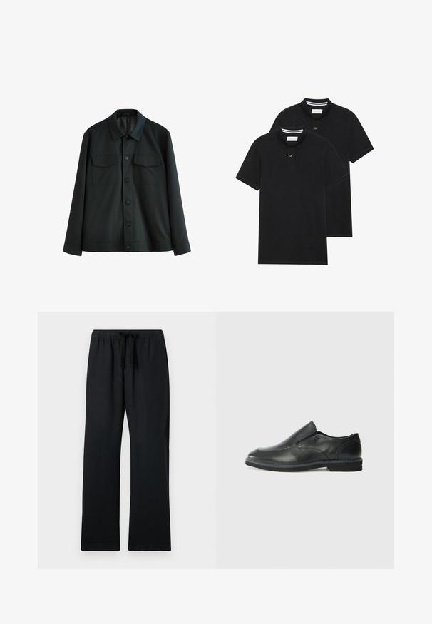 Schwarze Jacke aus glattem Stoff, mit einem Kragen, zwei Brusttaschen und einem Knopfverschluss vorne. Lange Ärmel mit schlichten Manschetten.; Zwei schwarze Polohemden, kurzärmlig, aus Baumwolle, mit einem klassischen Kragen, zwei Knöpfen und weißen Streifenakzenten im Inneren des Kragens.; Schwarze, locker sitzende Hosen mit einem elastischen Bund und verstellbarem Kordelzug. Glattes Material, gerades Bein-Design und ohne Muster.; Schwarze Leder-Slipper mit glattem Obermaterial, gesteppten Akzenten, runder Zehenpartie und niedrigem Gummiabsatz. Die Sohle hat ein minimales Profil.