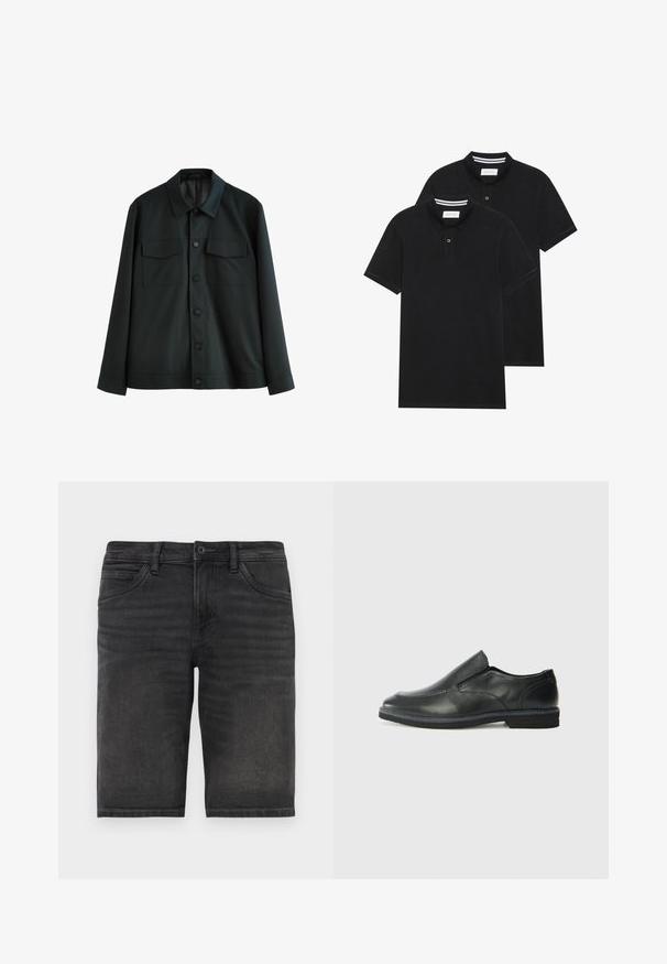 Schwarze Jacke aus glattem Stoff, mit einem Kragen, zwei Brusttaschen und einem Knopfverschluss vorne. Lange Ärmel mit schlichten Manschetten.; Zwei schwarze Polohemden, kurzärmlig, aus Baumwolle, mit einem klassischen Kragen, zwei Knöpfen und weißen Streifenakzenten im Inneren des Kragens.; Schwarze Denim-Shorts mit geradem Schnitt, fünf Taschen und Knopfverschluss. Sie haben eine leichte Ausbleichung und eine robuste Stofftextur.; Schwarze Leder-Slipper mit glattem Obermaterial, gesteppten Akzenten, runder Zehenpartie und niedrigem Gummiabsatz. Die Sohle hat ein minimales Profil.