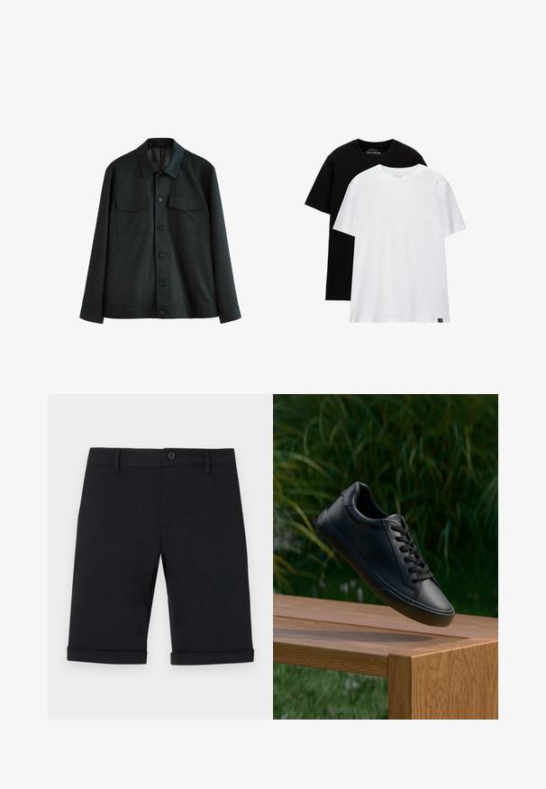 Svart jacka i slätt tyg, med krage, två bröstfickor och knäppning fram. Långa ärmar med enkla manschetter.; Två t-shirts med regular fit, en svart och en vit, tillverkade av bomull. Varje t-shirt har rund halsringning och korta ärmar. Enkel design utan mönster.; Svarta bomullsshorts med knäppning, med platt front, uppvikta fållar och bakfickor. Slät textur och skräddarsydd passform.; Svart lädersneaker med en slät yta, rund tå och platta snören, placerad ovanför en träytan med grön gräs i bakgrunden.