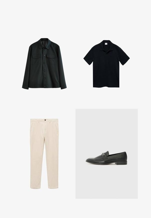 Črna jakna iz gladkega blaga, z ovratnikom, dvema žepa na prsih in gumbom za zapiranje spredaj. Dolgi rokavi s preprosto manšeto.; Mango Polo majica - royal blue; Bež bombažne hlače s ravnim krojem, ki vključujejo dve stranski žepi, sprednje gumbe in zadrgo ter gladko teksturo.; Črni usnjeni loafer z gladko površino, ki ima šivano zasnovo in dekorativni kovinski verižni naglas preko vampirja. Ravno peto.