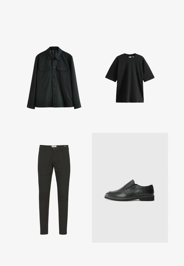 Melnas jakas, kas izgatavota no gludas auduma, ar apkakli, diviem krūšu kabatām un pogu aizdari priekšpusē. Garas piedurknes ar vienkāršām aprocēm.; Melnas īsām piedurknēm t-krekls, izgatavots no kokvilnas, ar apaļu kaklu un brīvu piegriezumu, mīksta tekstūra un minimāli detaļas.; Melnas slaidas bikses, kas izgatavotas no gludas auduma, ar pogu aizdari, jostu cilpām, priekšējām kabatām un vienkāršu, minimālistisku dizainu.; Melnas ādas slip-on kurpes ar gludu augšdaļu, izšūtām akcentiem, noapaļotu purngala daļu un zemu gumijas papēdi. Zole ar minimālu rakstu.