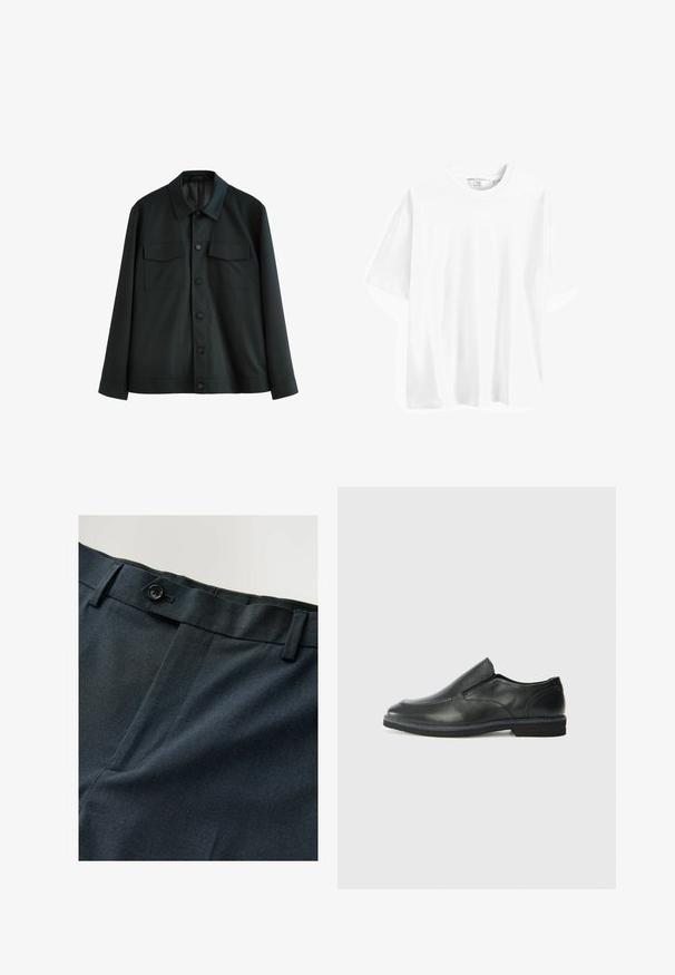 Chaqueta negra de tela suave, con cuello, dos bolsillos en el pecho y cierre frontal con botones. Mangas largas con puños lisos.; Camiseta de algodón blanca de manga corta con cuello redondo, corte relajado y textura suave. Sin patrones ni acentos visibles.; Pantalones azul marino con una tela texturizada, que presentan un cierre de un solo botón y un frente plano. Un patrón sutil añade interés visual.; Zapato negro de cuero sin cordones con un upper suave, detalles de costura, punta redonda y un bajo tacón de goma. La suela presenta una tracción mínima.