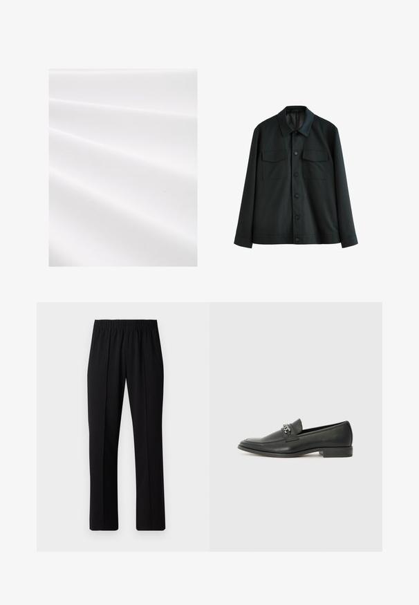 Black jacket made of smooth fabric, featuring a collar, two chest pockets, and a button front closure. Long sleeves with plain cuffs.; White fabric with a textured, ribbed surface, displaying soft folds and subtle sheen. Smooth finish with no visible patterns or accents.; Black, elastic-waist trousers with a straight-leg design, featuring a smooth texture and no visible patterns or hardware.; Black leather loafer with a smooth finish, featuring a stitched design and a decorative metal chain accent across the vamp. Flat heel.