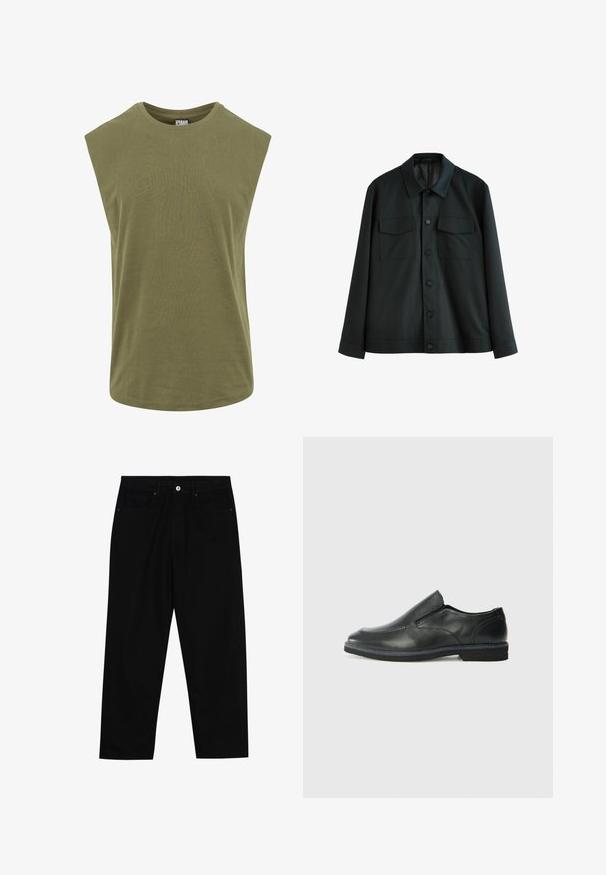 Schwarze Jacke aus glattem Stoff, mit einem Kragen, zwei Brusttaschen und einem Knopfverschluss vorne. Lange Ärmel mit schlichten Manschetten.; Ärmelloses olivgrünes T-Shirt aus weicher Baumwolle, ausgestattet mit einem runden Halsausschnitt und einem lockeren, entspannten Schnitt mit glatter, einheitlicher Textur.; Schwarze Jeans mit geradem Schnitt, Fünf-Taschen-Design und einem vorderen Knopfverschluss. Glatte Textur mit minimalen Nähten.; Schwarze Leder-Slipper mit glattem Obermaterial, gesteppten Akzenten, runder Zehenpartie und niedrigem Gummiabsatz. Die Sohle hat ein minimales Profil.