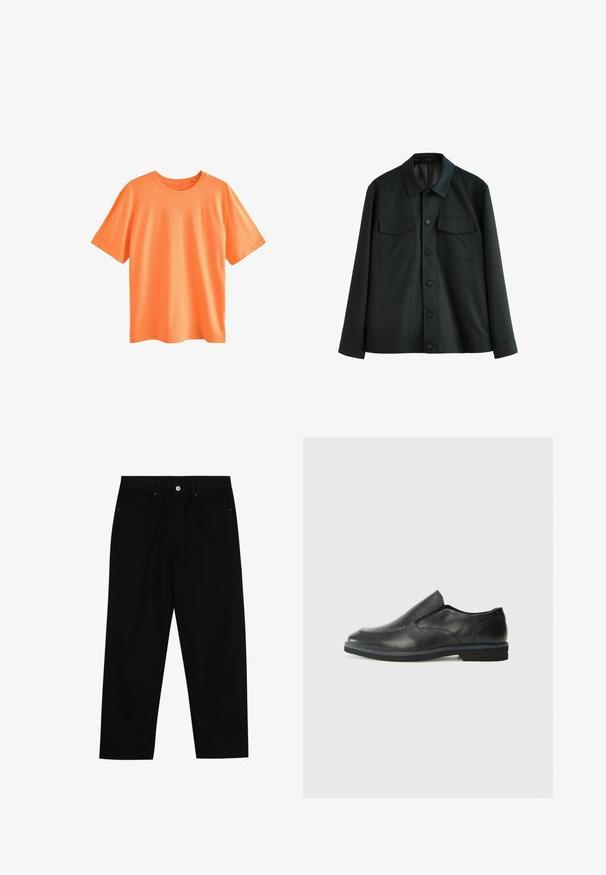 Juodas švarkas, pagamintas iš lygios medžiagos, turi apykaklę, dvi krūtinės kišenes ir mygtukinį užsegimą. Ilgos rankovės su paprastais manžetais.; Next Paprasti marškinėliai - mottled orange; Juoda džinsinė kelnė su tiesiu kirpimu, penkių kišenių dizainu ir priekiniais mygtukais. Lygus paviršius su minimaliu siuvimo detalėmis.; Juodai odiniai įtvirtinimo batai su lygiu paviršiumi, siuvinėjimo akcentais, apvalia nosimi ir žemu guminiu kulnu. Pado raštas minimalus.