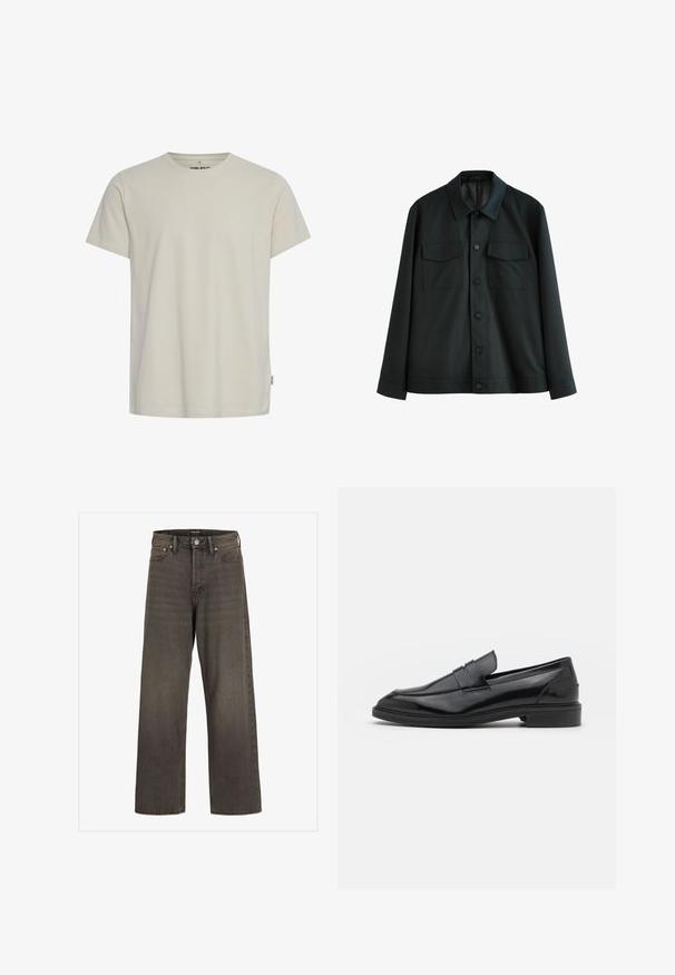 Sort jakke lavet af glat stof, med krave, to brystlommer og lukning med knapper foran. Lange ærmer med enkle manchetter.; Lys beige bomulds t-shirt med rund hals og korte ærmer. Har et lille logo på brystet og en lige kant. Glat tekstur.; Bredde ben jeans i mørkegrå denim med høj talje, klassisk fem-lommer design og kontrasterende syninger langs sømmene.; Sorte læder loafers med en glat overflade, der har en rund tå og en smal bånd over det øverste. Lav stablet hæl.