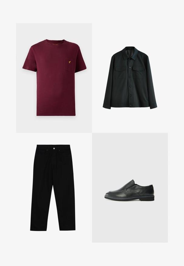 Zwarte jas van gladde stof, met een kraag, twee borstzakken en een knoopsluiting aan de voorkant. Lange mouwen met plain manchetten.; Bordeaux katoenen t-shirt met korte mouwen, ronde halslijn, een voorknoopzak en een klein geel logo geborduurd op de zak.; Zwarte denim broek met een recht gesneden pasvorm, vijf gebruikersvriendelijke zakken en een sluiting met een knoop aan de voorkant. Soepele textuur met minimale stikdetails.; Zwarte leren instapper met een soepele bovenkant, gestikte accenten, ronde neus en een lage rubberen hak. De zool heeft minimale profiel.