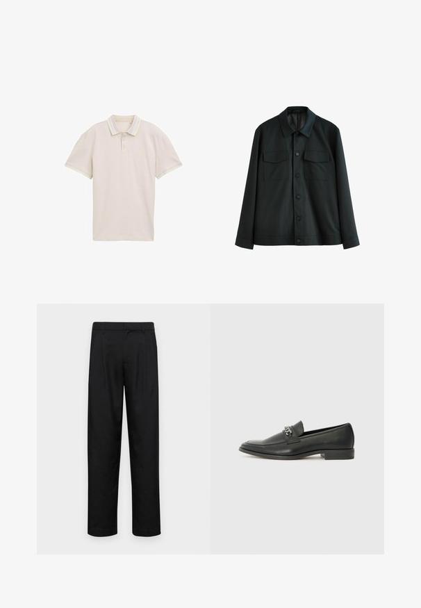 Zwarte jas van gladde stof, met een kraag, twee borstzakken en een knoopsluiting aan de voorkant. Lange mouwen met plain manchetten.; Beige poloshirt met korte mouwen, drie knopen aan de voorkant en contrasterende pastelstrepen op de kraag en mouwmanchetten. Lichtgewicht stof.; Zwarte broeken van gladde stof, met een recht model, twee voorknikken en een standaard tailleband met riemlussen.; Zwarte leren instapper met een gladde afwerking, voorzien van een gestikt ontwerp en een decoratieve metalen kettingaccent over de wreef. Platte hak.