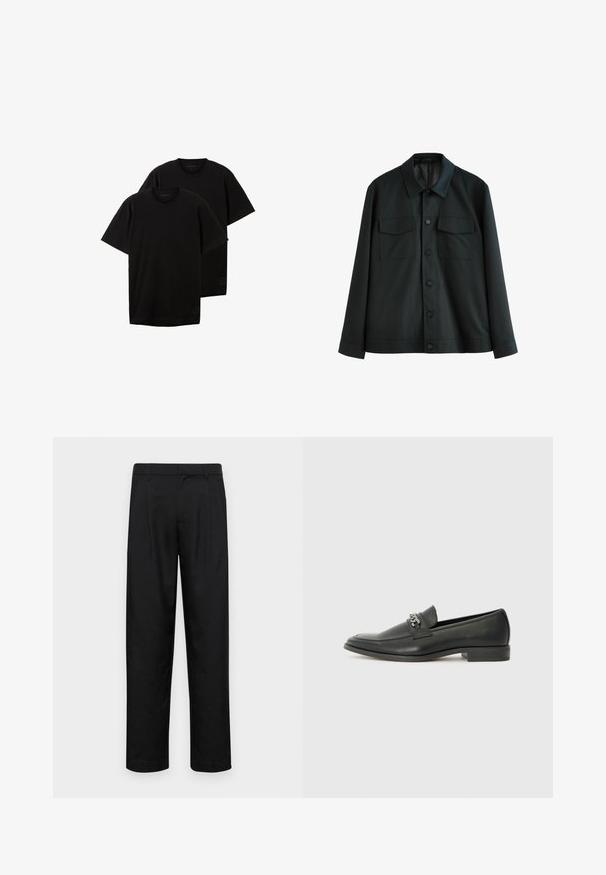Juodas švarkas, pagamintas iš lygios medžiagos, turi apykaklę, dvi krūtinės kišenes ir mygtukinį užsegimą. Ilgos rankovės su paprastais manžetais.; Juodos medvilnės t-shirts, apvalia iškirpte, trumpomis rankovėmis, laisvo kirpimo, su mažuoju logotipu kairiajame apatiniame šone, parduodamos dviejų komplektu.; Juodi kelnių modeliai, pagaminti iš lygios medžiagos, turi tiesią kojas, du priekiniai klostės ir standartinę juosmenį su diržo kilpomis.; Juodos odinės loafer tipo bateliai su lygiu paviršiumi, turintys siuvinėtą dizainą ir dekoratyvų metalo grandinėlės akcentą ant batų viršaus. Plokščias kulnas.