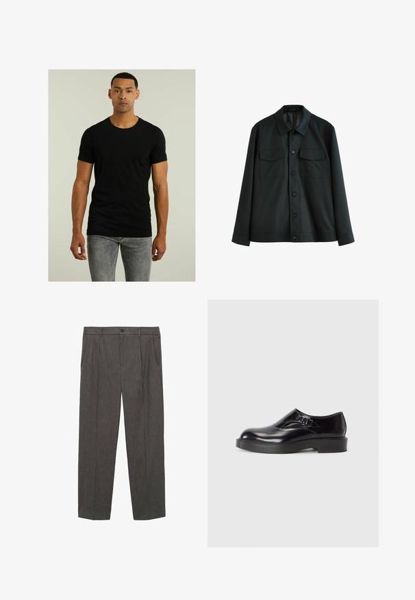 Svart jacka i slätt tyg, med krage, två bröstfickor och knäppning fram. Långa ärmar med enkla manschetter.; Svart kortärmad T-shirt med rund hals och en subtil texturerad logotyp på bröstet; matchad med ljusgrå jeans. Enkelt design.; Grå, skräddarsydda byxor tillverkade av textilmaterial. Har en knappstängning, två framfickor och rak bendesign.; Svart lädersko med rund tå, låg svart klack och ett dekorativt rem. Smidig textur med en glänsande yta.