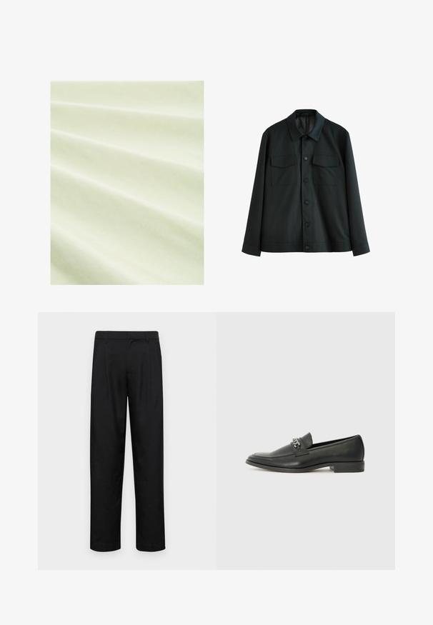 Fekete dzseki sima anyagból, amelynek gallérja, két mellzsebe és gombos elülső záródása van. Hosszú ujjak egyszínű mandzsettával.; Világos zöld szövet sima textúrával, sekély redőkkel. Az anyag könnyűnek és enyhén fénylőnek tűnik puha világítás mellett.; Fekete nadrág sima anyagból, egyenes szárú fazonnal, két elülső redővel és közönséges derékkal, övhurkokkal.; Fekete bőr loaferek sima felülettel, varrott mintával és díszítő fém lánccal a cipő elején. Lapos sarok.