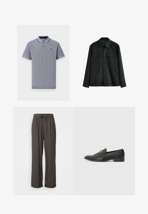 Sort jakke lavet af glat stof, med krave, to brystlommer og lukning med knapper foran. Lange ærmer med enkle manchetter.; Grå polo shirt med kontrasterende navy- og hvidstribede krave, tre-knaps placket og diskret logo-detail på brystet.; Mørkegrå vide bukser med snøre i livet, lavet af et blødt, struktureret stof, med oprullede manchetter ved anklerne.; Sorte læder loafers med en glat finish, der har et syet design og et dekorativt metal kædeaccent hen over vamps. Flad hæl.