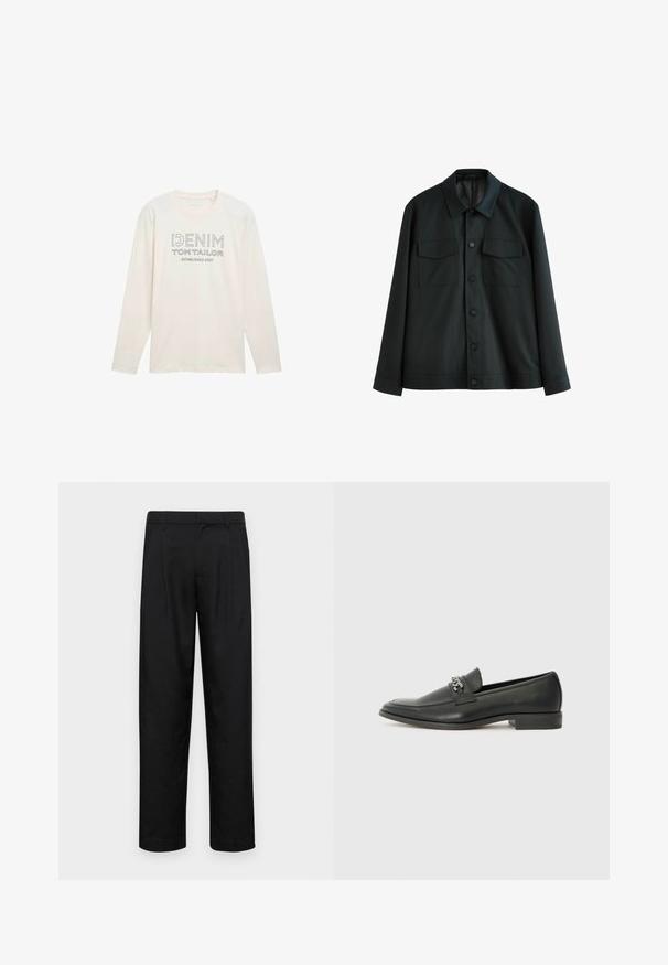 Fekete dzseki sima anyagból, amelynek gallérja, két mellzsebe és gombos elülső záródása van. Hosszú ujjak egyszínű mandzsettával.; Világos krém színű, hosszú ujjú póló kerek nyakkal, szürke nyomatú logó grafikával, amelyen a "DENIM TOM TAILOR ESTABLISHED 2007" felirat olvasható.; Fekete nadrág sima anyagból, egyenes szárú fazonnal, két elülső redővel és közönséges derékkal, övhurkokkal.; Fekete bőr loaferek sima felülettel, varrott mintával és díszítő fém lánccal a cipő elején. Lapos sarok.