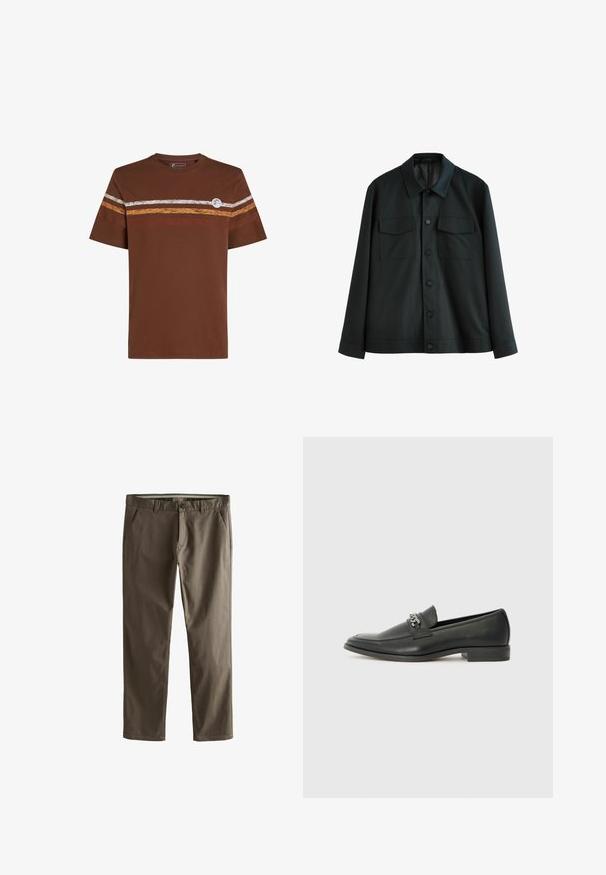 Melnas jakas, kas izgatavota no gludas auduma, ar apkakli, diviem krūšu kabatām un pogu aizdari priekšpusē. Garas piedurknes ar vienkāršām aprocēm.; Brūna īsām piedurknēm t-kreklu ar horizontālām strīpām baltā, oranžā un brūnā krāsā. Iekļauts apaļš logotips kreisajā pusē.; Brūni kokvilnas chinos ar taisnu kāju dizainu, priekšējiem kabatām un pogu aizdari. Raksturīga gluda tekstūra un tīras līnijas.; Melna ādas loafer izmēra apavi ar gludu virsmu, piedāvā ar šūtu dizainu un dekoratīvu metāla ķēdes akcentu pār vampu. Plakana papēža daļa.