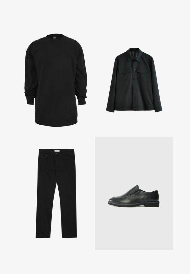 Schwarze Jacke aus glattem Stoff, mit einem Kragen, zwei Brusttaschen und einem Knopfverschluss vorne. Lange Ärmel mit schlichten Manschetten.; Langärmliges schwarzes T-Shirt aus Baumwolle. Hat einen runden Ausschnitt und eine normale Passform. Glatte Textur ohne sichtbare Muster oder Akzente.; Schwarze gerade Jeans mit Fünf-Taschen-Design, Knopf- und Reißverschluss, und einem Pier One-Label am Bund.; Schwarze Leder-Slipper mit glattem Obermaterial, gesteppten Akzenten, runder Zehenpartie und niedrigem Gummiabsatz. Die Sohle hat ein minimales Profil.