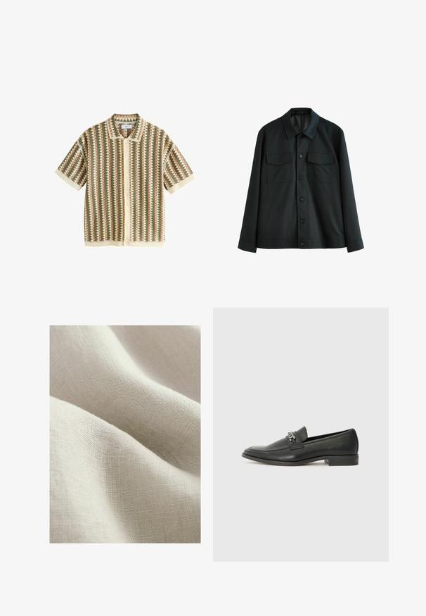 Czarna kurtka wykonana z gładkiego materiału, z kołnierzykiem, dwiema kieszeniami na piersi i zapięciem na guziki z przodu. Długie rękawy z prostymi mankietami.; Next - T-shirt z nadrukiem; Jasno beżowa lniana tkanina o teksturowanej powierzchni, ukazująca miękkie, opadające fałdy i drobny wzór splotu.; Czarne skórzane mokasyny o gładkim wykończeniu, z haftowanym wzorem i dekoracyjnym akcentem z metalowego łańcucha na wierzchu. Płaska pięta.