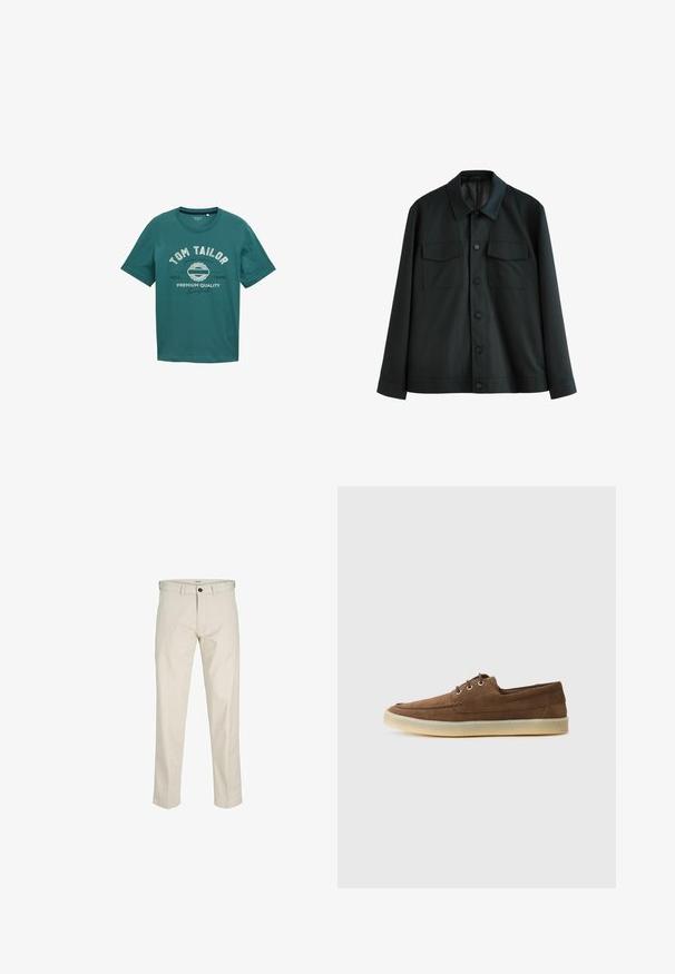 Černá bunda vyrobená z hladké tkaniny, s límcem, dvěma náprsními kapsami a zapínáním na knoflíky. Dlouhé rukávy s jednoduchými manžetami.; Teal tričko s krátkým rukávem vyrobené z bavlny, s kulatým výstřihem a bílým potiskem "TOM TAILOR" a designovými detaily na přední straně.; Béžové bavlněné kalhoty s rovnými nohavicemi, s knoflíkovým zapínáním, předními kapsami a šitými švy. Hladká textura, minimalismus v detailech a bez vzorů.; Hnědé semišové boty s nízkým profilem, šněrovacím designem, gumovou podrážkou a kontrastními švy. Jednoduchý a funkční styl.