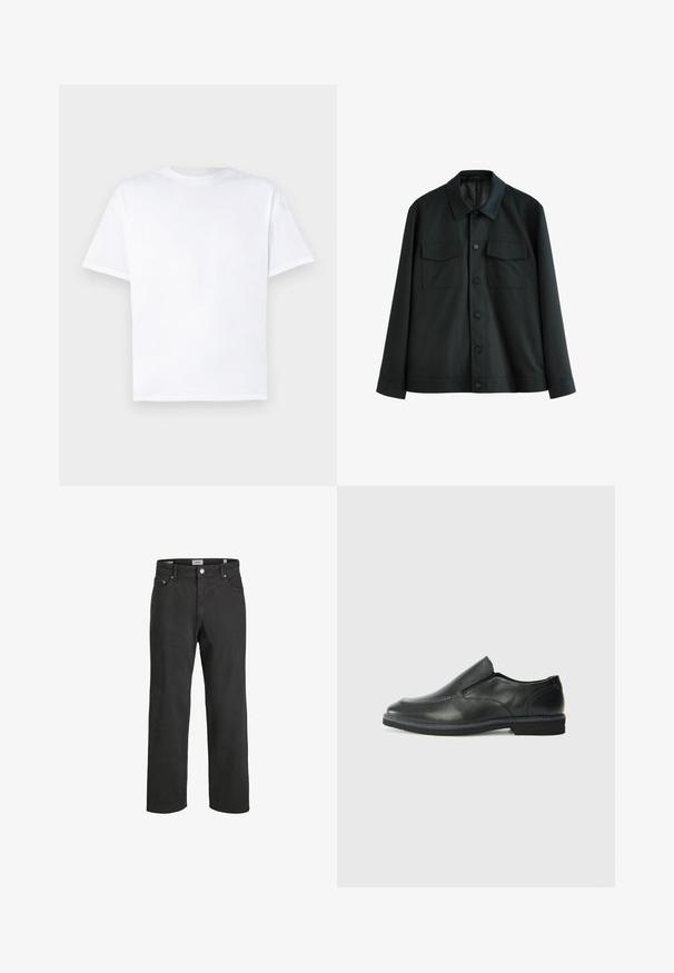 Giacca nera realizzata in tessuto morbido, con colletto, due tasche sul petto e chiusura frontale con bottoni. Maniche lunghe con polsini semplici.; T-shirt bianca in cotone con collo rotondo e maniche corte. Tessuto liscio, taglio dritto, senza motivi né dettagli. Solo vista posteriore.; Jeans neri a gamba dritta realizzati in cotone, con un classico design a cinque tasche, chiusura con bottone e dettagli di cucitura discreti.; Scarpa nera in pelle con inserto scivolare, superiore liscio, dettagli cuciti, punta arrotondata e tacco in gomma basso. La suola presenta un battistrada minimale.