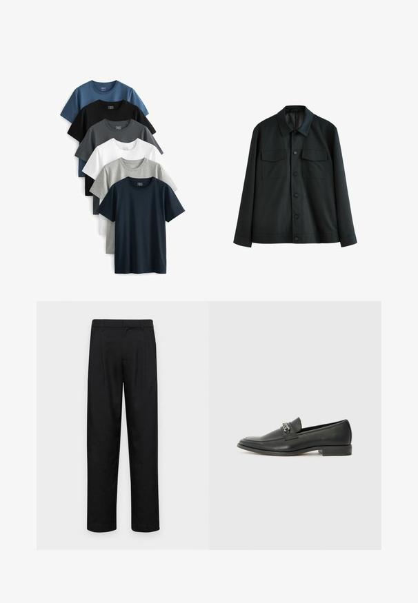 Melnas jakas, kas izgatavota no gludas auduma, ar apkakli, diviem krūšu kabatām un pogu aizdari priekšpusē. Garas piedurknes ar vienkāršām aprocēm.; Seši īsām piedurknēm T-krekli izvietoti kaudzē. Krāsas ietver jūras zilu, melnu, zaļu, baltu, gaiši pelēku un tumši pelēku. Izgatavoti no kokvilnas materiāla.; Melnas bikses, izgatavotas no gludas auduma, ar taisnu kāju dizainu, divām priekšējām krokām un standarta jostu, kurai ir āķi.; Melna ādas loafer izmēra apavi ar gludu virsmu, piedāvā ar šūtu dizainu un dekoratīvu metāla ķēdes akcentu pār vampu. Plakana papēža daļa.