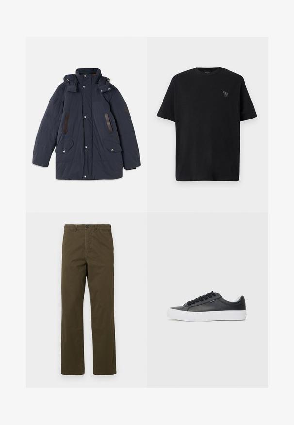 Jūras zilas krāsas puffer parkas jaka ar augstu apkakli, noņemamu kapuci, ādas akcentiem, divām priekšējām kabatām un pogām ar stiepni.; Melna kokvilnas t-krekls ar īsām piedurknēm, apaļa kakla izgriezums un smalks zirga logo izšūts pelēkā krāsā kreisajā krūtīs.; Vīriešu taisnās kājas brūnas kokvilnas bikses ar jostu cilpām, priekšējo pogu un rāvējslēdzēju uz gaiša fona.; Melna ādas sporta apava ar baltu gumijas zoli, apaļu purngalu un melnām auklām, ar gludu tekstūru un minimālistisku dizainu.
