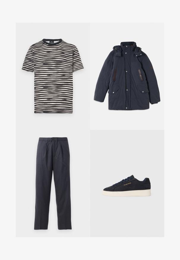 Navy padded parka jacket featuring a high collar, detachable hood, leather accents, two front pockets, and snap button closures.; Black and white striped T-shirt with a crew neck, short sleeves, and a soft texture. Features alternating thick and thin stripes.; Dark navy trousers made of soft fabric with a pleated front design and elastic waistband. Features a button closure and straight-leg cut.; Navy blue suede low-top sneaker with white sole, navy laces, and "Filling Pieces" logo in gold on the side.