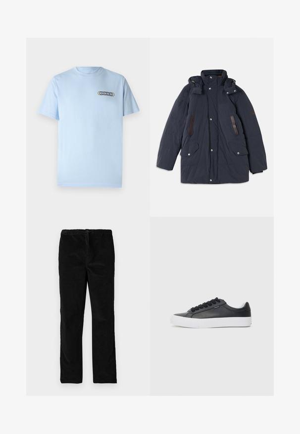 Tume sinine polsterdatud parka jakk, millel on kõrge krae, eemaldatav kapuuts, nahkdetailid, kaks eesmist taskut ja nööbiga sulgemine.; Hele sinine puuvillane t-särk, millel on ümmargune kaelus ja lühikesed varrukad. Tikand kujundiga, kus on kattuvad ringid kollases, punases ja sinises.; Mustad sirgedega sametpüksid, millel on elastne vöökoht ja eesotsas nöör, esitatud ühevärvilise valge taustaga.; Must musta tennis shoe valge kummist tallaga, ümar varvas ja mustad paelad, millel on sile tekstuur ja minimalistlik disain.