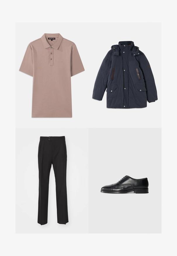 Tengerészkék párnázott parka kabát magas gallérral, levehető kapucnival, bőr részletekkel, két elülső zsebbel és patent gombos záródással.; Világosbarna anyagú pólóing rövid ujjakkal, három gombos gombolással és hímzett "MK" logóval a mellkason. Sima textúra.; Fekete, szabott nadrág, egyenes lábbal, két elülső zsebbel és duplagombos záródással a derékrészen. Sima szövet textúra.; Fekete bőrből készült elegáns cipő lekerekített orral, sima felülettel, fűzős kialakítással és finom varrási részletekkel, alacsony, lapos sarkú.