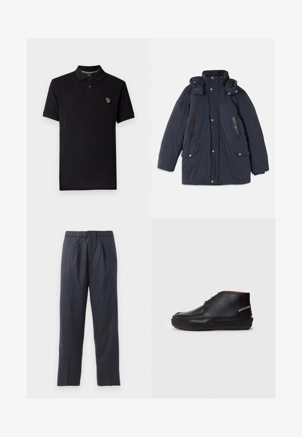 Mornarska podložena parka jakna z visokim ovratnikom, snemljivo kapuco, usnjenimi detajli, dvema sprednjima žepoma in zaklopnimi gumbi.; Črna polo majica iz bombaža s klasičnim dizajnom, ki ima ovratnik z dvema gumboma in majhen pisan logotip slona na prsih.; Temno modri hlače iz mehkega materiala z nabranim sprednjim delom in elastičnim pasom. Imajo gumbasto zapiranje in ravno krojene hlačnice.; Črne usnjene čevlje z nizkim dizajnom gležnja, z obdelanim zgornjim delom, dvema očesoma za vezalke in teksturirano gumijasto podplato.
