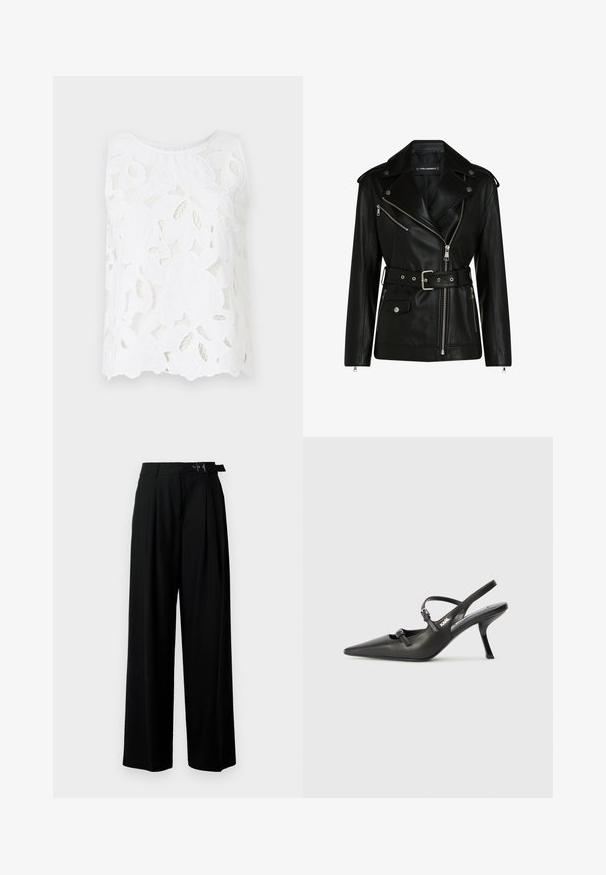 Sort lædermotorcykeljakke med bælte i taljen, sølv lynlåse og trykknapper, udstyret med asymmetrisk lynlås og quiltetforing.; Hvid ærmeløs top med blomsterbroderi i blonde, gennemsigtig struktur og en løs pasform med rund halsudskæring og bølget kant.; Sort vide-bein bukser med høj talje, læg foran og et bælte med spænde. Fremstillet af glat, let materiale.; Sorte læder slingback hæle med spids tå, slank hæl og dekorativ spænde detalje på vampen. Glat tekstur og strømlinet design.
