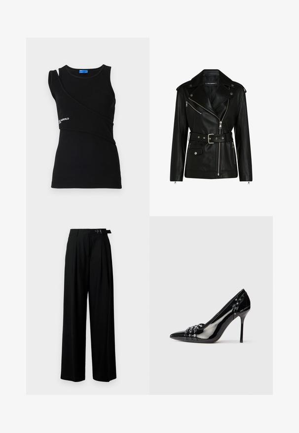 Fekete bőr motoros dzseki övvel, ezüst cipzárakkal és patentgombokkal, aszimmetrikus cipzárral és steppelt béléssel.; Fekete bordázott ujjatlan felső aszimmetrikus dizájnnal, egyetlen pánttal, a szegély közelében egy logóval kiemelve. Puha, rugalmas anyag.; Fekete, bő szárú nadrág magas derékkal, elöl pliszírozva, és csattal ellátott övvel. Simább, könnyű anyagból készült.; Fekete patentbőr stiletto sarkú cipő hegyes orral, három díszítő pánttal, rajta tüskékkel, és a sarkán "Karl Lagerfeld" felirattal.