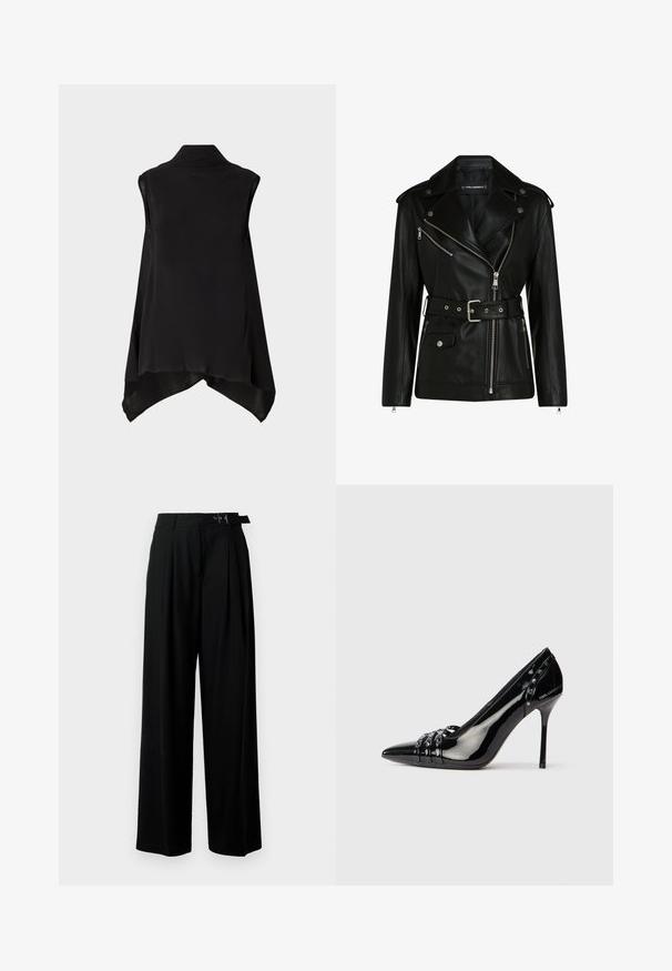 Črna usnjena motoristična jakna z pasom, srebrnimi zadrgami in gumbi na ježka, s asimetrično zadrgo in pikastim oblazinjenjem.; Črna brezrokavna bluzica s strukturiranim ovratnikom, tekočim materialom in asimetrično robom. Gladka tekstura z enostavnim, elegantnim dizajnom.; Črne široke hlače z visokim pasom, gubami spredaj in pasom z zaponko. Narejene so iz gladkega, lahkega materiala.; Črne patentirane usnjene stiletto pete z izostrenim nosom, tremi dekorativnimi pasovi s studenci in blagovno znamko "Karl Lagerfeld" na peti.