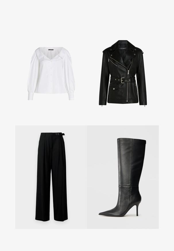 Black leather motorcycle jacket with a belted waist, silver zippers, and snap buttons, featuring an asymmetrical zip and quilted lining.; White button-up shirt with a wide collar, puffed long sleeves, and a fitted waist. Smooth cotton fabric with subtle sheen.; Black wide-leg trousers with a high waist, pleats at the front, and a belt featuring a buckle. Made from smooth, lightweight fabric.; Black leather knee-high boot with pointed toe and slim stiletto heel, smooth texture, side profile on neutral background.