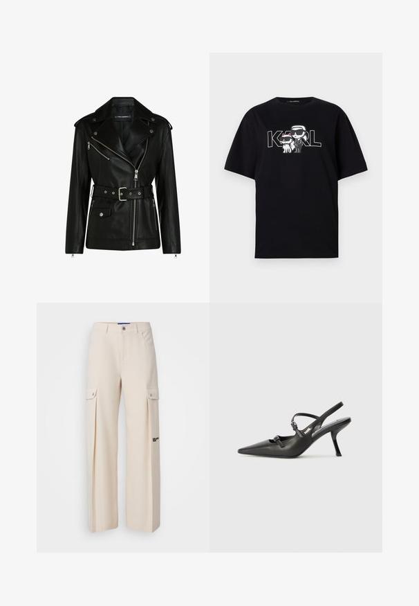 Fekete bőr motoros dzseki övvel, ezüst cipzárakkal és patentgombokkal, aszimmetrikus cipzárral és steppelt béléssel.; Fekete pamut póló, amelyen két napszemüveges mesefigura grafikai nyomat látható, mellette a "KARL" felirat vastag betűkkel.; Karl Lagerfeld Jeans PLEATED CARGO - Oldalzsebes nadrágok - whitecap gray; Fekete bőrszíjjal ellátott magassarkú cipő, hegyes orral, karcsú sarkával és díszes csattal a vamp részén. Simás textúra és elegáns dizájn.