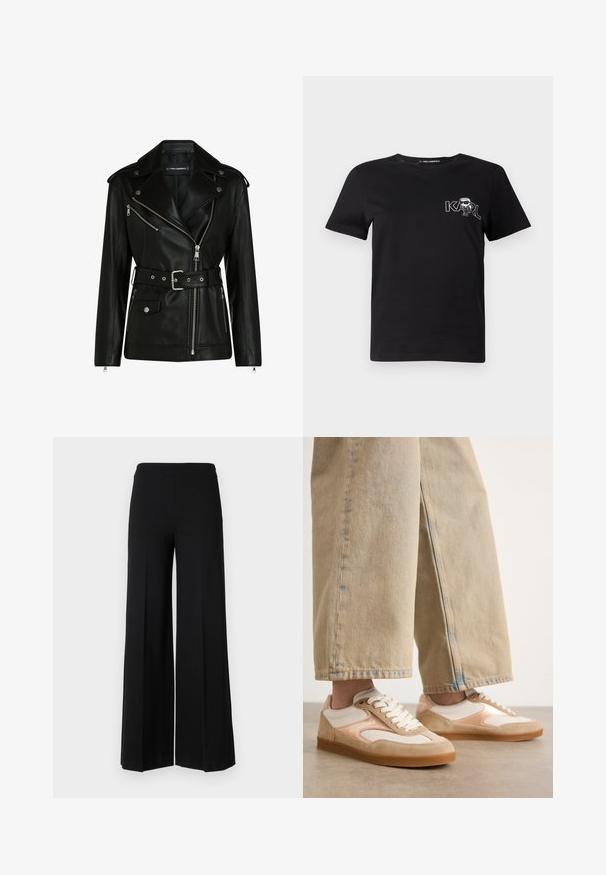 Črna usnjena motoristična jakna z pasom, srebrnimi zadrgami in gumbi na ježka, s asimetrično zadrgo in pikastim oblazinjenjem.; Črna kratka majica s slevenami iz bombaža. Opremljena z belo grafiko z besedilom "KARL" in stilizirano postavo na prsih. Okrogla ovratnica.; Črne široke hlače z gladko teksturo, ki imajo visok pas in brez vidnih zapenjanj. Enostaven, čist dizajn.; Peščene in smetane superge z dizajnom iz semiša in mrežice, ki vključujejo vezalni sistem in gumijaste podplate, v kombinaciji s peščenimi širokimi hlačami.