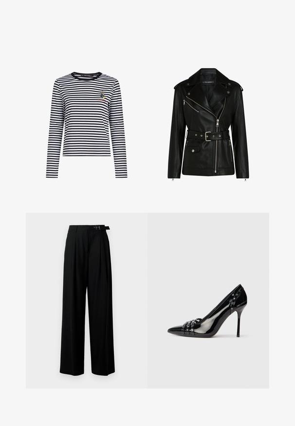Musta nahkainen moottoripyörätakki, jossa on vyötärölle säädettävä vyö, hopeiset vetoketjut ja napit, jossa on vino vetoketju ja tikattu vuori.; Pitkähihainen raidallinen paita mustavalkoisena, jossa on pyöreä pääntie ja pieni brodattu hahmo rinnassa. Pehmeä kangas.; Mustat leveät housut korkealla vyötäröllä, etuosassa laskokset ja soljellinen vyö. Valmistettu sileästä ja kevyestä kankaasta.; Mustan patenttivahan täysikorkea korkokenkä, jossa on terävä kärki, kolme koristeellista nauhaa niiteillä ja "Karl Lagerfeld" -brändäys kannassa.