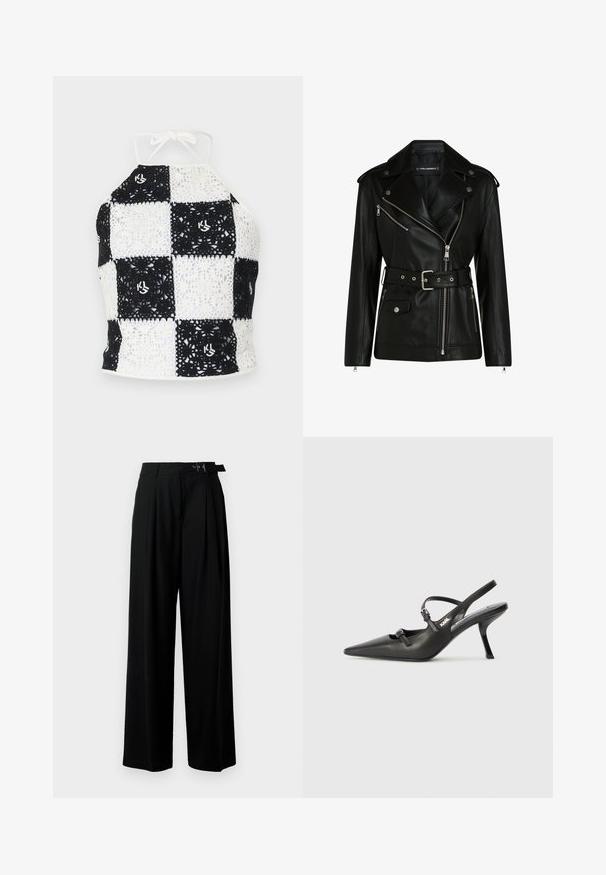 Juodas odinis motociklo švarkas su diržu juosmenyje, sidabrinėmis užtrauktukais ir spaudėmis, turintis asimetrinį užtrauktuką ir siuvinėtą pamušalą.; Juodos ir baltos spalvos nerkamo halterio viršus, su šachmatų lentos raštu, dekoratyviniais motyvais ir kaklo nėriniu.; Juodos plačios kojų kelnės su aukštu liemeniu, priekinėmis klostėmis ir diržu su sagtimi. Pagamintos iš lygaus, lengvo audinio.; Juodi odiniai slingback kulniukai su smailiu pirštu, siauru kulnu ir dekoratyvine sagtimi viršuje. Lygus paviršius ir elegantiškas dizainas.