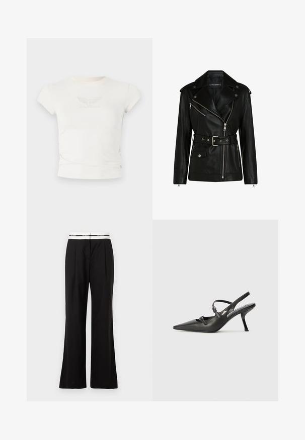 Jachetă de motocicletă din piele neagră, cu talie cu curea, fermoare argintii și nasturi cu capsenă, având un fermoar asimetric și căptușeală matlasată.; Tricou alb, ajustat, cu mâneci scurte, având un logo texturat "Guess Originals" cu aripi pe piept. Fabricat dintr-un material moale.; Pantaloni negri cu o croială lejeră, având o brățară elastică albă cu branding. Realizați dintr-un material neted cu un Luciu ușor.; Pantofi cu toc slingback din piele neagră, cu vârful ascuțit, toc subțire și detaliu decorativ cu cataramă pe partea din față. Textură netedă și design elegant.