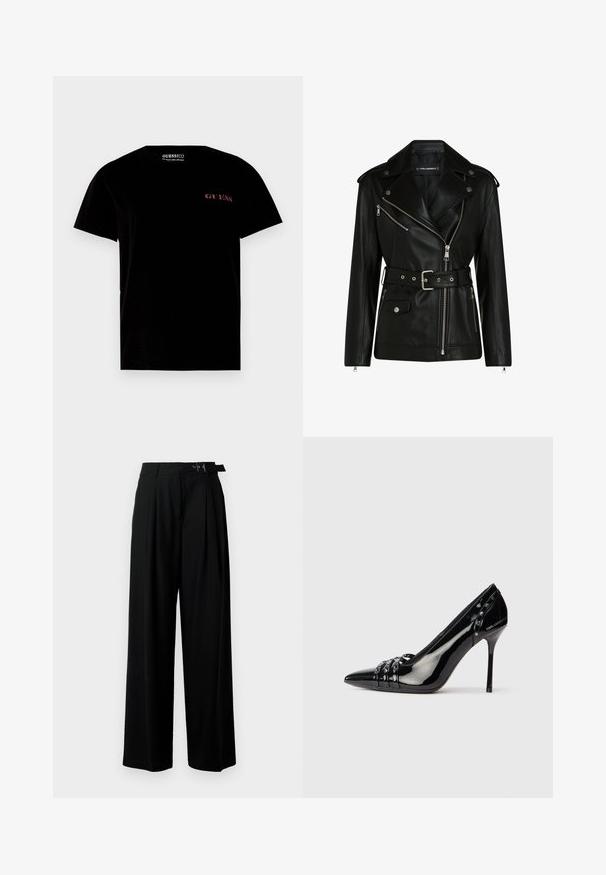 Chaqueta de motocicleta de cuero negro con cintura ceñida, cremalleras plateadas y botones de presión, que presenta un cierre asimétrico y un forro acolchado.; Camiseta de manga corta negra hecha de algodón orgánico con el logo "GUESS" en strass rosas en la parte izquierda del pecho.; Pantalones de pierna ancha negros con cintura alta, pliegues en la parte delantera y un cinturón con hebilla. Confeccionados con una tela suave y liviana.; Zapato de tacón stiletto de charol negro con punta afilada, tres correas decorativas con tachuelas y la marca "Karl Lagerfeld" en el tacón.