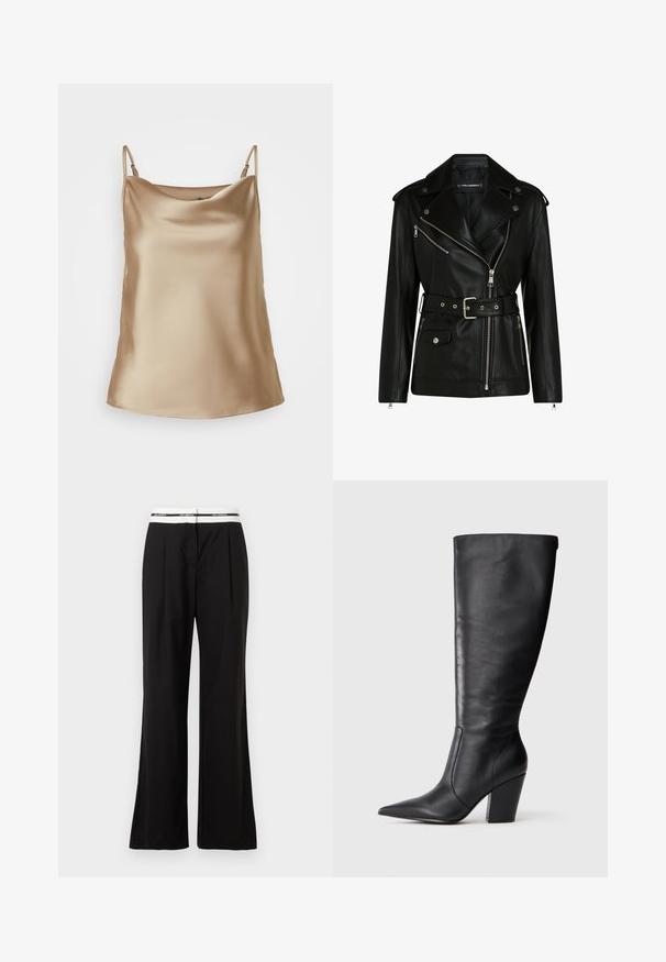 Czarna skórzana kurtka motocyklowa z paskiem w talii, srebrnymi zamkami błyskawicznymi i zatrzaskami, z ukośnym zapięciem i pikowaną podszewką.; Satynowa koszulka w jasnym beżu z cienkimi ramiączkami i delikatnie drapowanym dekoltem, charakteryzująca się gładką, błyszczącą fakturą.; Czarne spodnie o luźnym kroju, z białym elastycznym paskiem w talii z brandingiem. Wykonane z gładkiego materiału o delikatnym połysku.; Czarny skórzany botek do kolan z wydłużonym czubkiem i masywnym obcasem, pokazany w lewym profilu na białym tle.