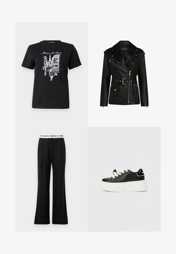 Černá kožená motocyklová bunda s páskem v pase, stříbrnými zipy a patentkami, s asymetrickým zipem a prošívanou podšívkou.; Černé bavlněné tričko s grafikou pařížských ulic a věže, doplněné růžovou a bílou liniovou kresbou. Kulatý výstřih.; Černé kalhoty se volným střihem, vybavené bílým elastickým pasem s logem. Vyrobené z hladkého materiálu s mírným leskem.; Černé kožené tenisky s tlustou bílou ribbenou podrážkou, bílými tkaničkami a dekorativní mašlí na jazyku.