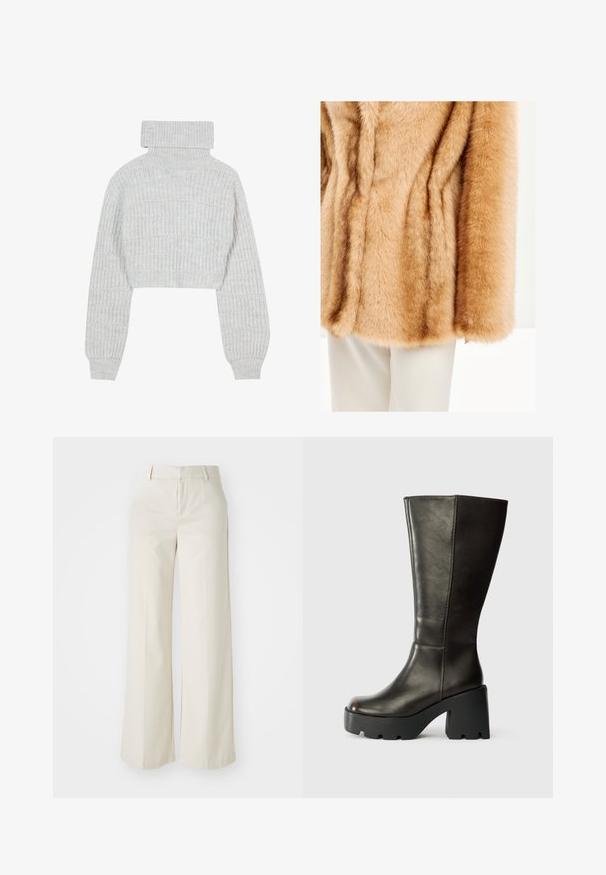 Barna műszőrme kabát, puha, bolyhos textúrával. Széles ujjak és sima felület jellemzi, fehér nadrággal a háttérben.; Világosszürke, rövidített kötött pulóver magas garbónyakkal, széles ujjakban és texturált bordás mintázattal. Puha anyag, amely enyhén laza fazonú.; Világos bézs színű, széles lábú nadrág, sima anyagból készült. Klasszikus derékrésszel és lapos elülső résszel, letisztult vonalakkal rendelkezik.; Barna bőr térd fölé érő csizma lekerekített orral, vastag fekete platformmal és tömbtalppal. Simább felülettel és minimális varrási részletekkel rendelkezik.